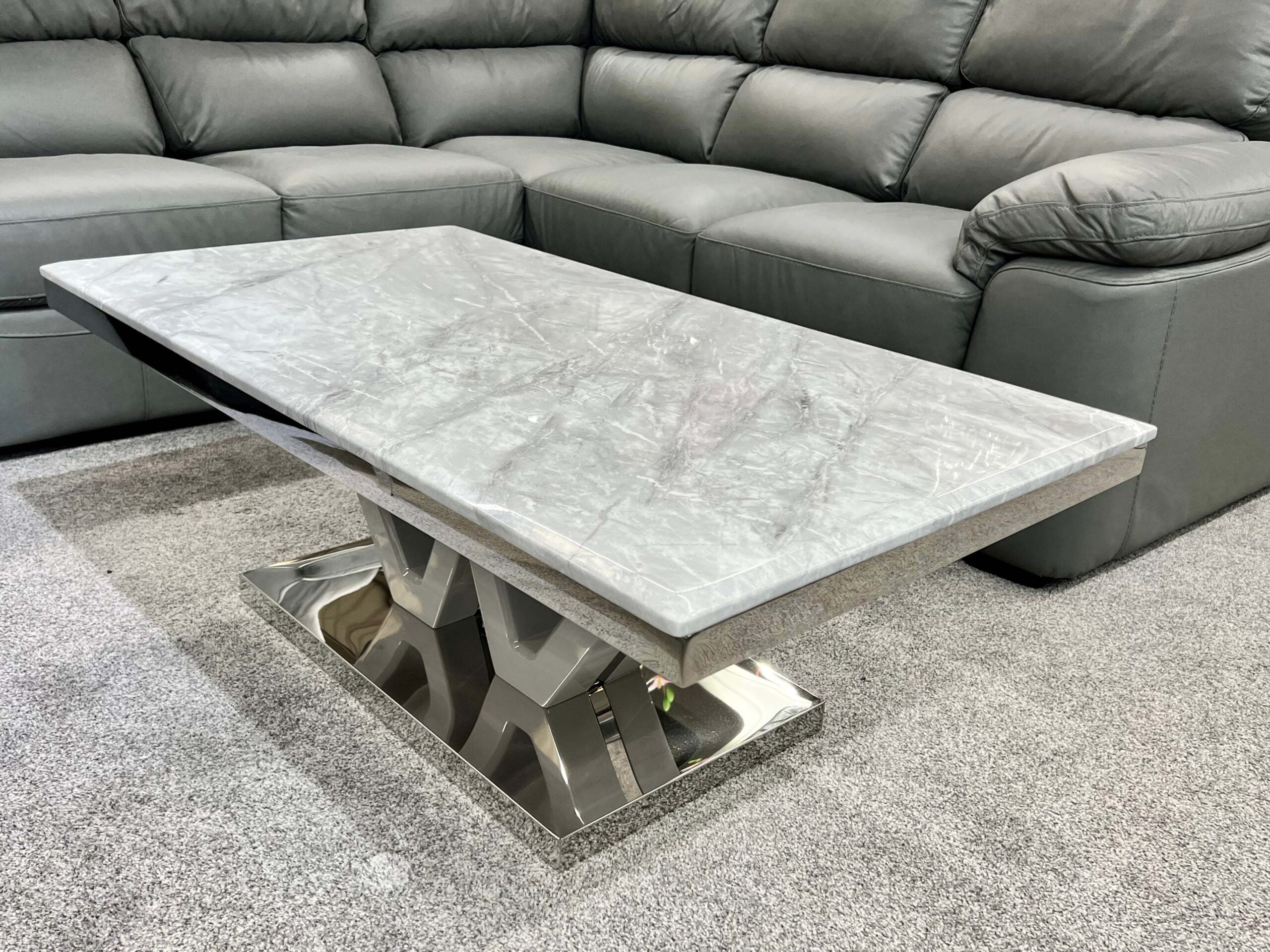Majestic Grey Ceramic Marble-Effect Coffee Table with polished chrome X-frame base - angled view