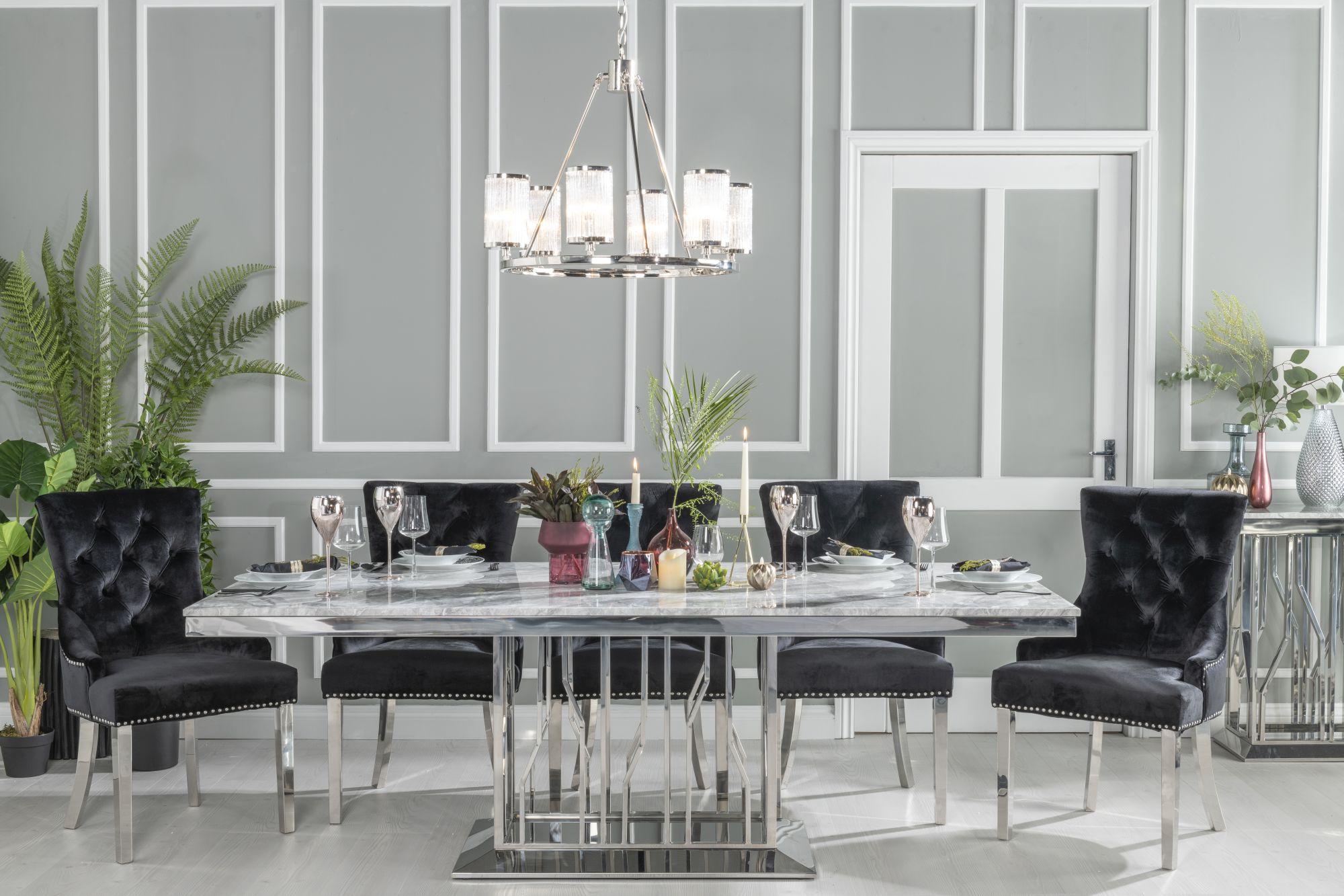 Mercury Grey Chrome Engineered Marble Dining Table 220cm