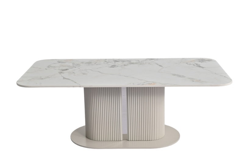 Sydney Cream Ceramic Marble-Effect Coffee Table with cream ribbed twin-cylinder MDF pedestal base - front view