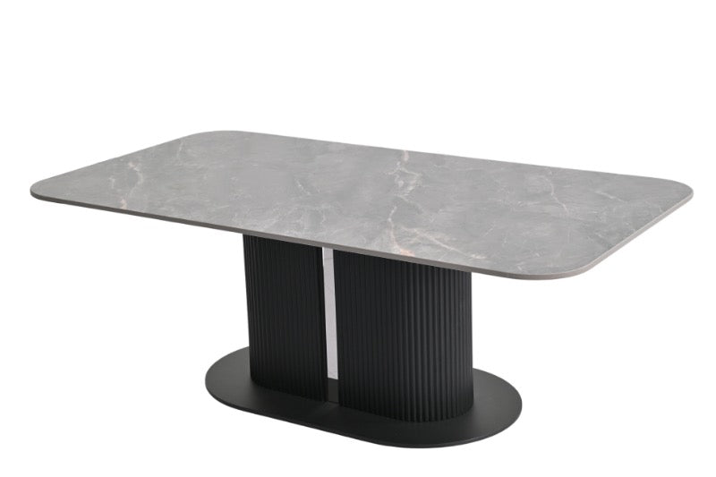 Sydney Grey Ceramic Marble-Effect Coffee Table with black ribbed twin-cylinder MDF pedestal base - front view
