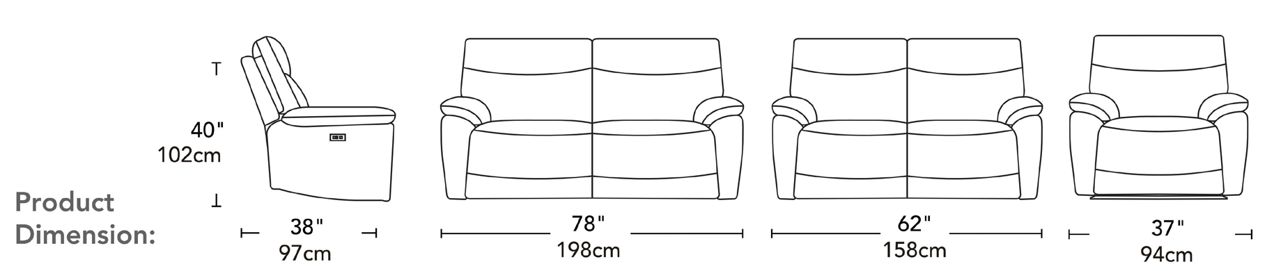 Toledo Midnight Black Fabric Power Recliner Sofa