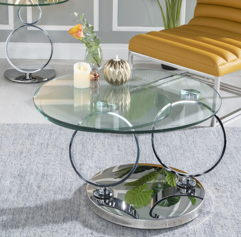 Virgo Clear Glass Chrome Swivel Round Coffee Table